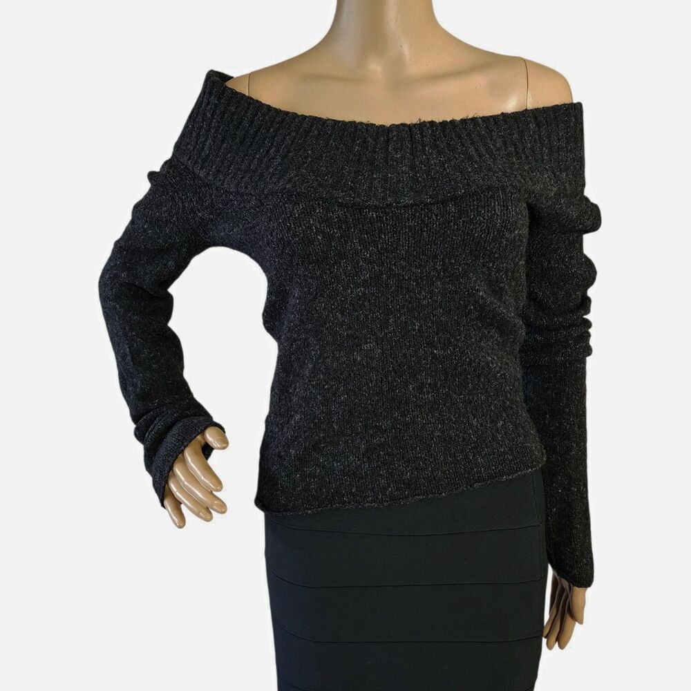 BCBGMAXAZRIA Heathered Charcoal Off The Shoulder Fold Over Knit Sweater Medium